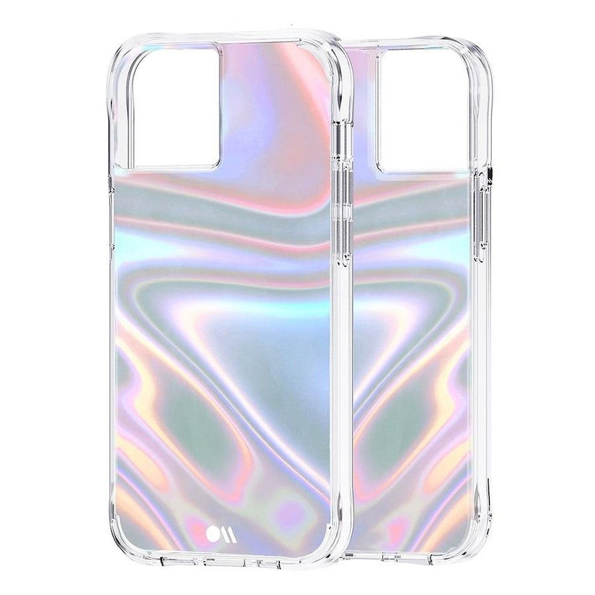 Case-Mate CM046724 Soap Bubble iPhone 13 case in iridescent, front and rear views of the same case