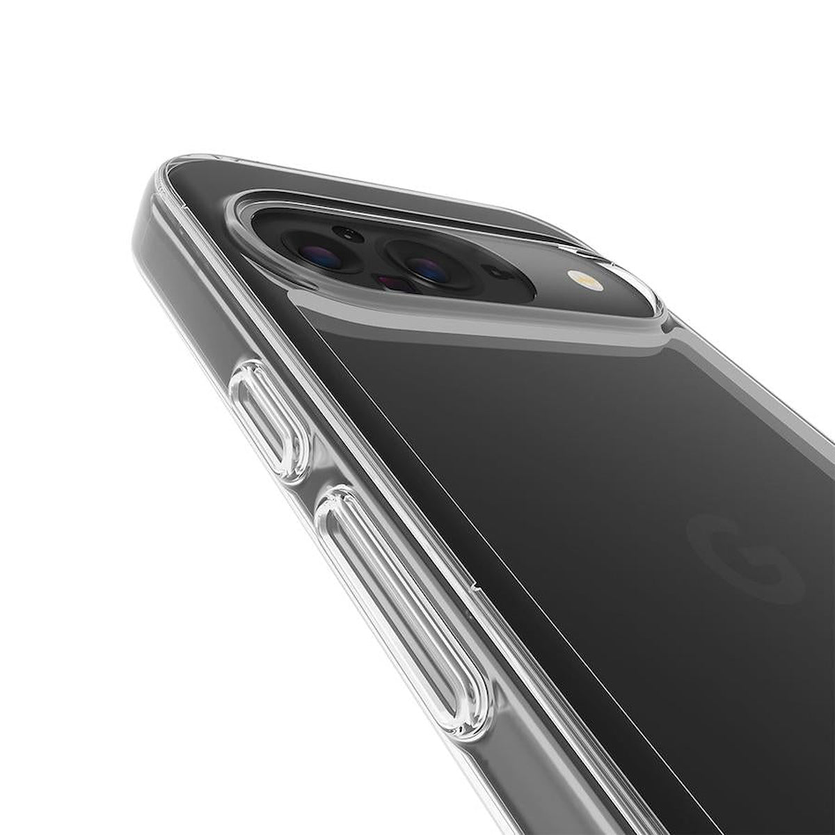 Case-Mate CM053934 Tough Clear case for Google Pixel 9 / 9 Pro, close-up of buttons and raised camera edge; phone not included