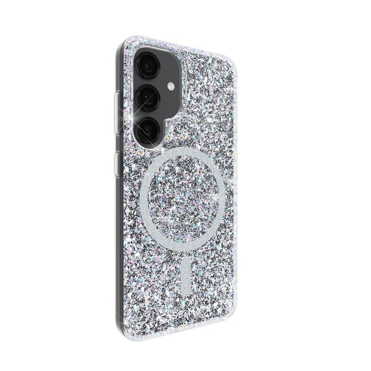 Case-Mate Twinkle Disco Galaxy S25 case, angled rear view showing buttons