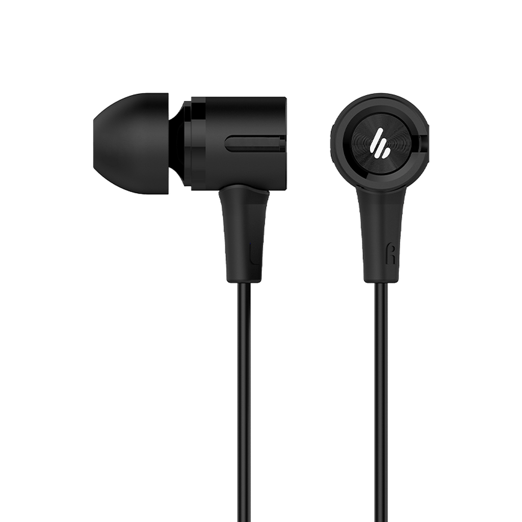 Edifier P205 black earphones showing the right earpiece marking and silicone ear tip profile