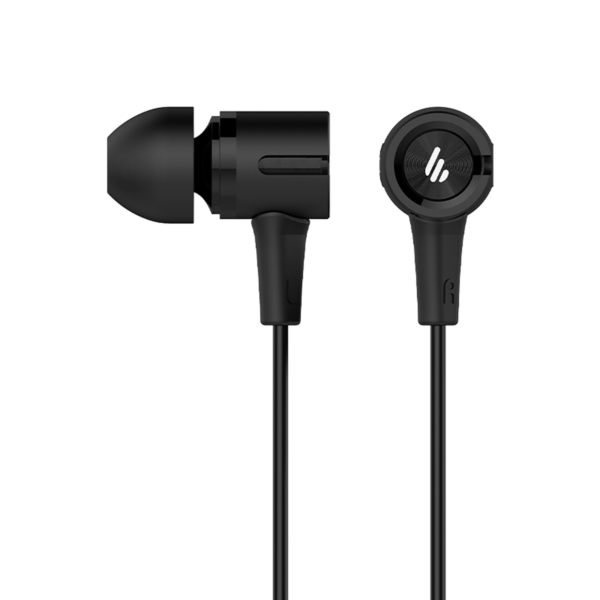 Edifier P205 black earphones showing the right earpiece marking and silicone ear tip profile