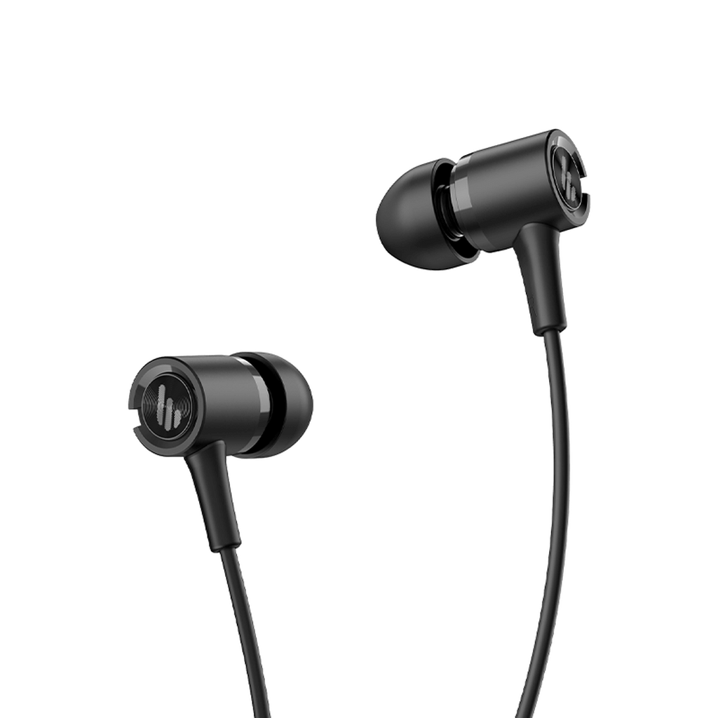 Edifier P205 black wired earbuds with silicone ear tips, angled view