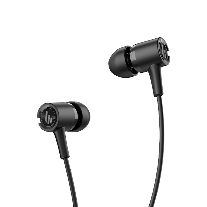 Edifier P205 black wired earbuds with silicone ear tips, angled view