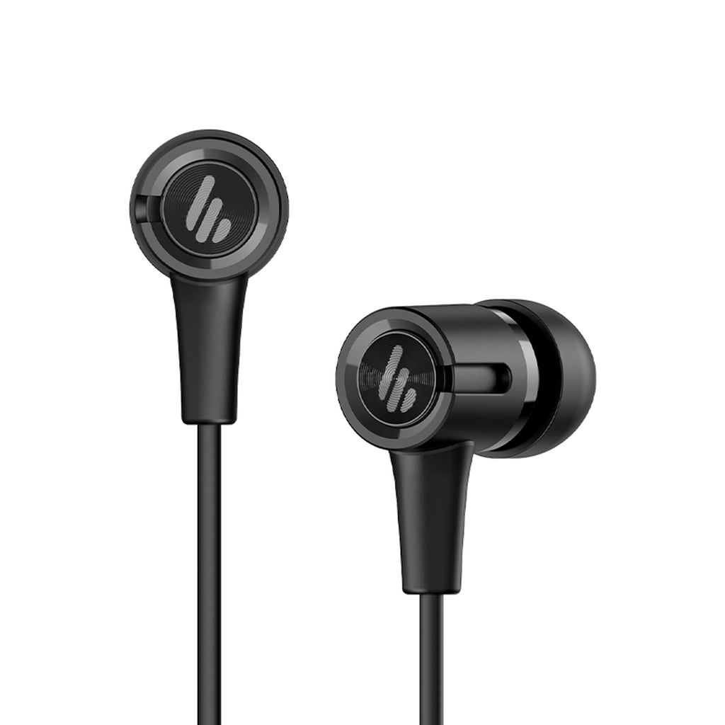 Edifier P205 black wired earbuds showing the circular outer housing design