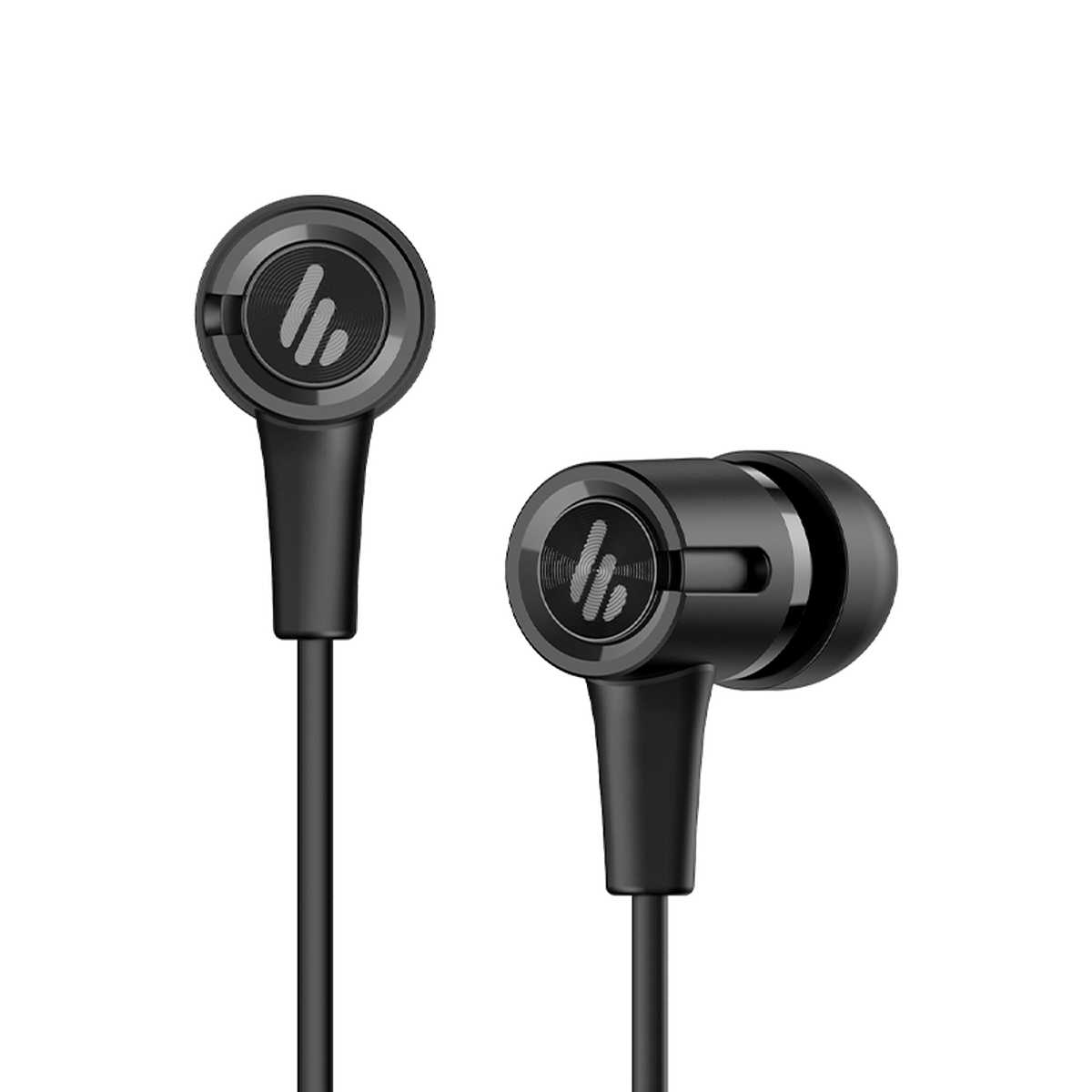 Edifier P205 black wired earbuds showing the circular outer housing design