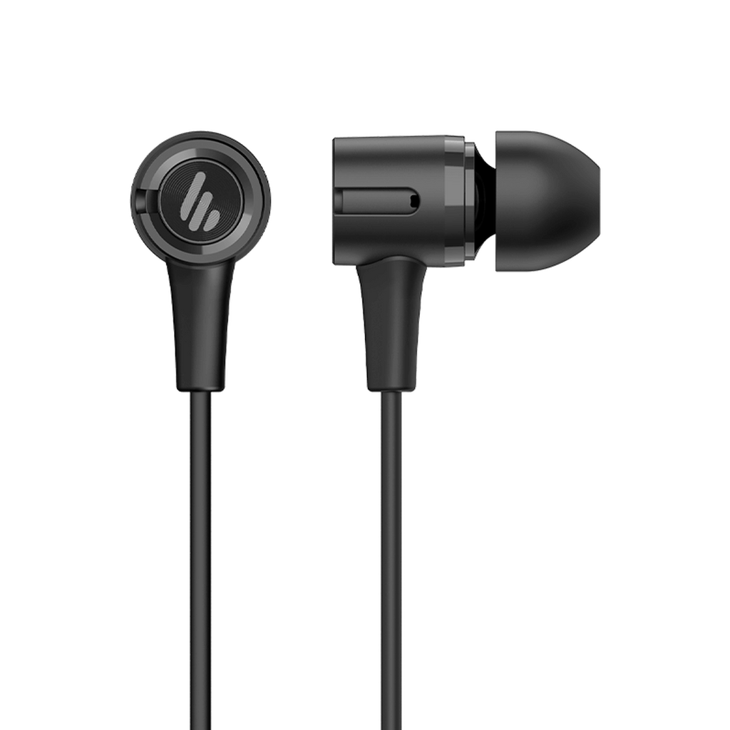 Edifier P205 black wired earbuds with front and side views of the earpieces