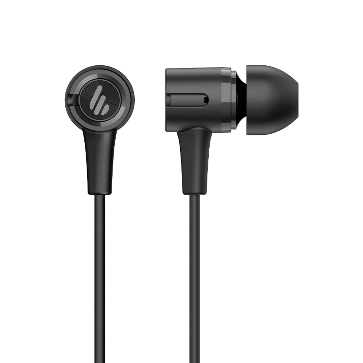 Edifier P205 black wired earbuds with front and side views of the earpieces