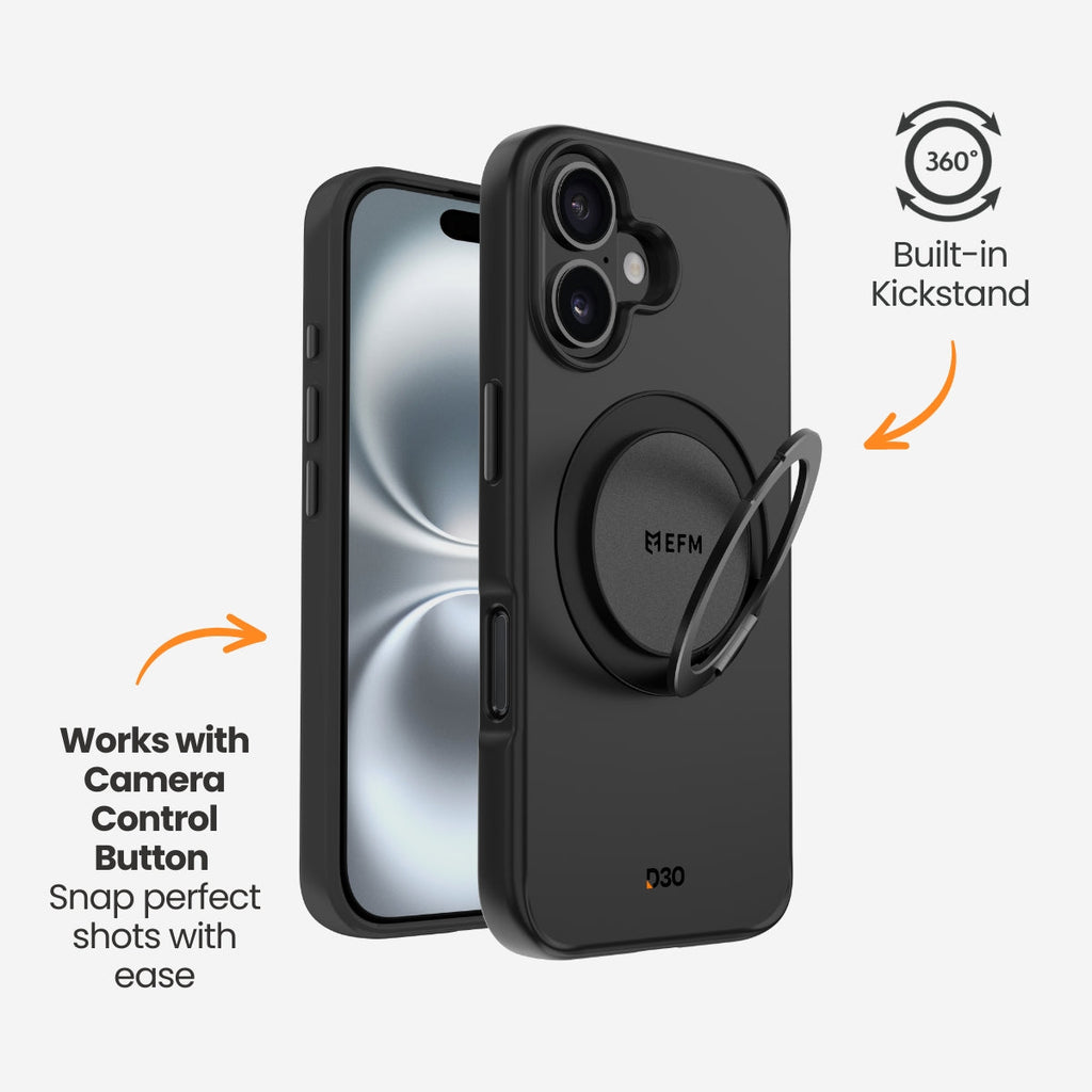 EFM Alta iPhone 16 Plus Black case showing Camera Control access and open kickstand