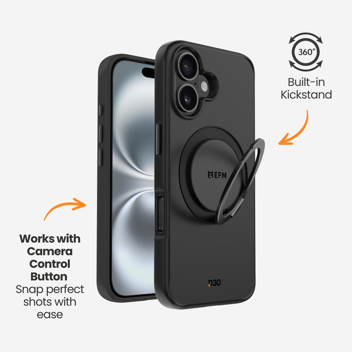 EFM Alta iPhone 16 Plus Black case showing Camera Control access and open kickstand