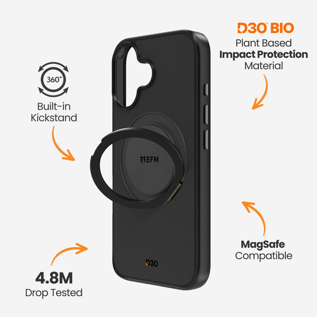EFM Alta iPhone 16 Plus Black case showing rotating kickstand, D3O Bio and drop-test features