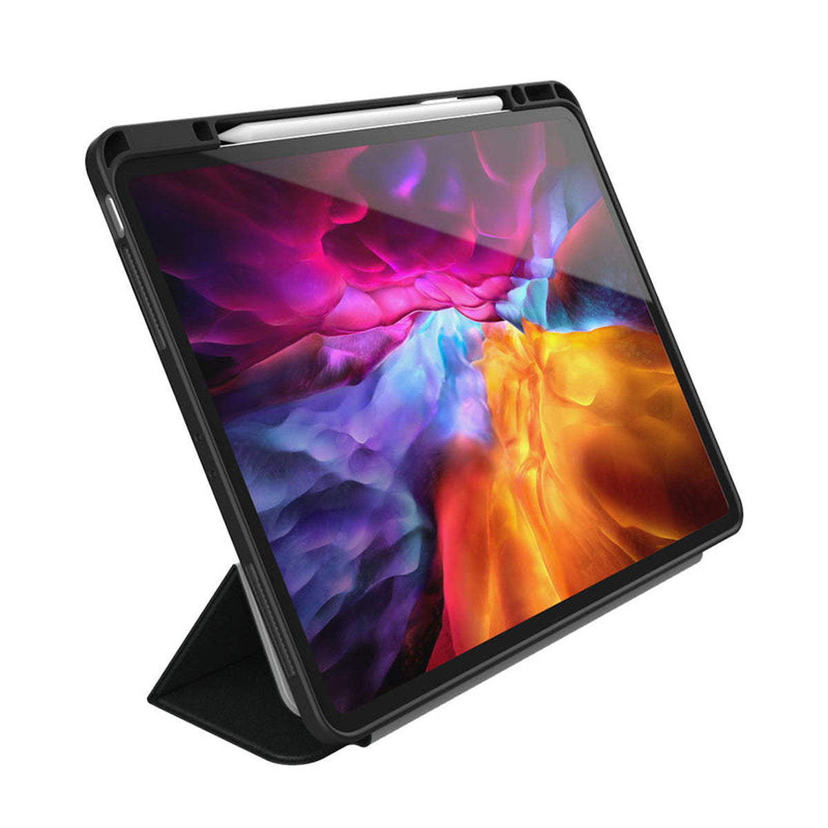 EFM Aspen Folio Case Armour for iPad Pro 12.9-inch in black – Folio folded into a stand with iPad and Apple Pencil shown