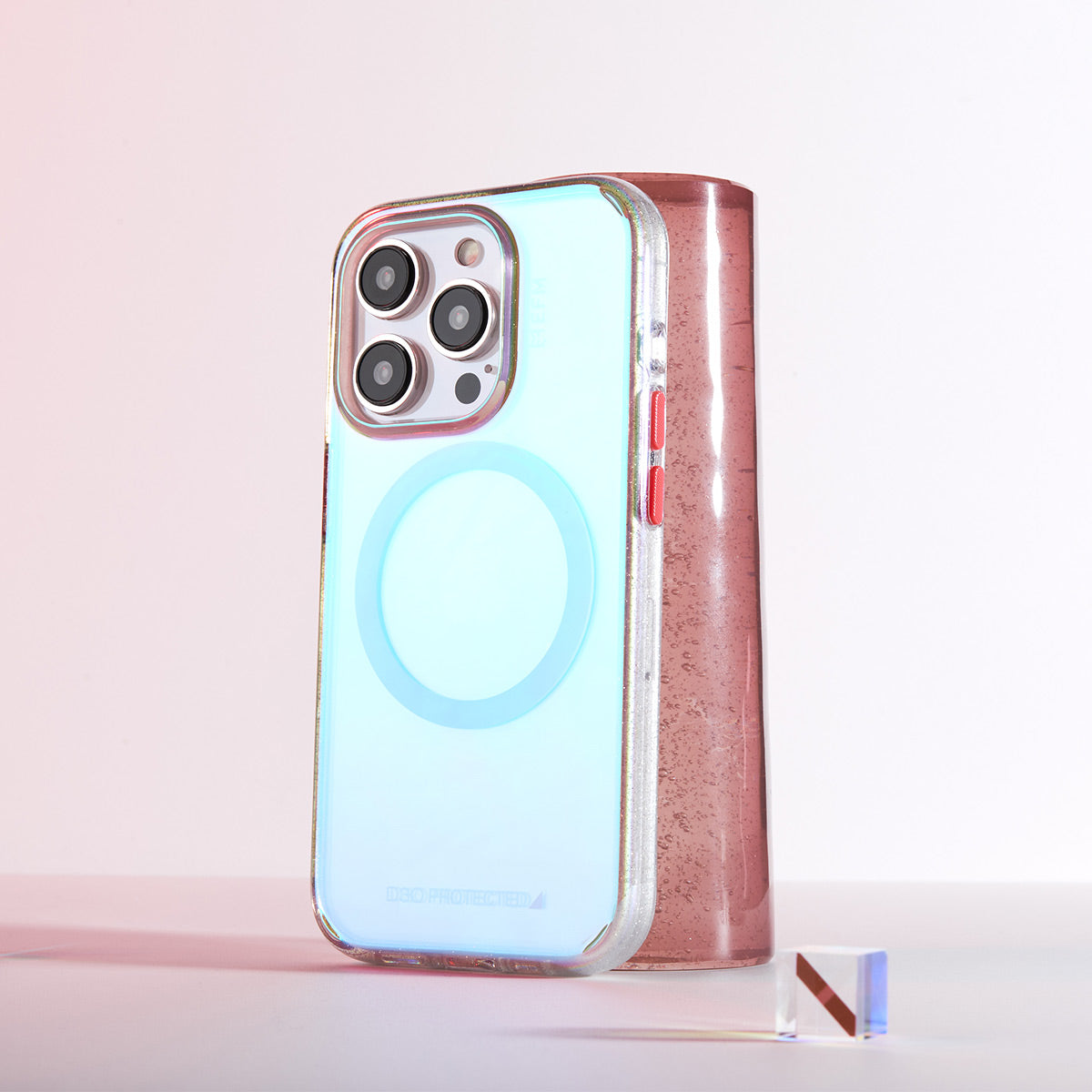 EFM Aspen D3O BIO iPhone 15 Pro Max case in Glitter Pearl, angled rear view showing the iridescent finish, EFCDUAE608GLP