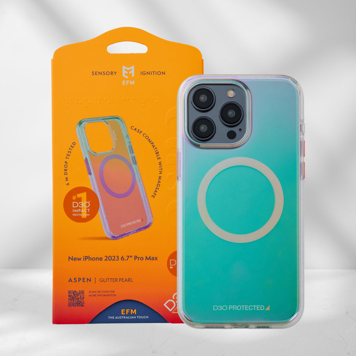 EFM Aspen D3O BIO iPhone 15 Pro Max case in Glitter Pearl, case and original EFM packaging, EFCDUAE608GLP