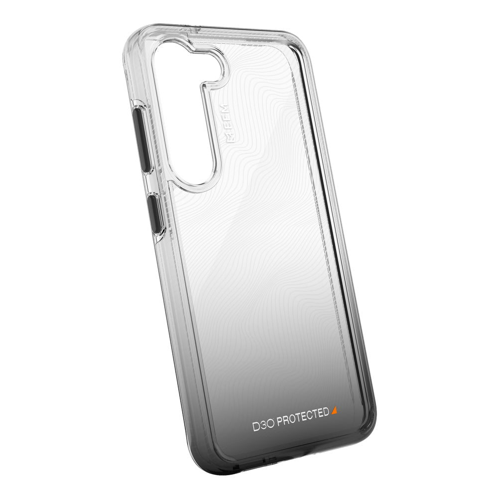EFM Aspen D3O Crystalex Samsung Galaxy S23 case in Black Gradient, camera cut-out and backplate detail, EFCDUAE282BLA