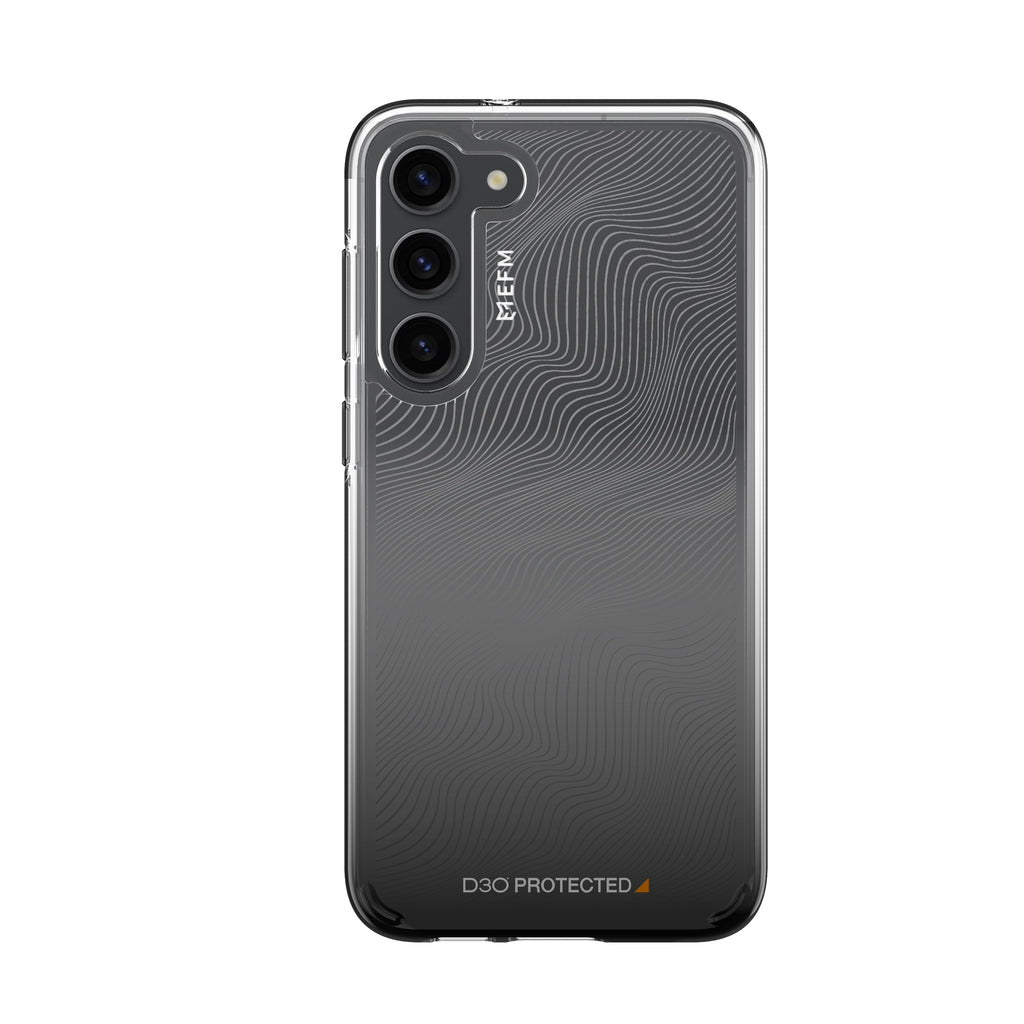 EFM Aspen D3O Crystalex Samsung Galaxy S23 case in Black Gradient, rear view fitted to a Samsung Galaxy S23, EFCDUAE282BLA