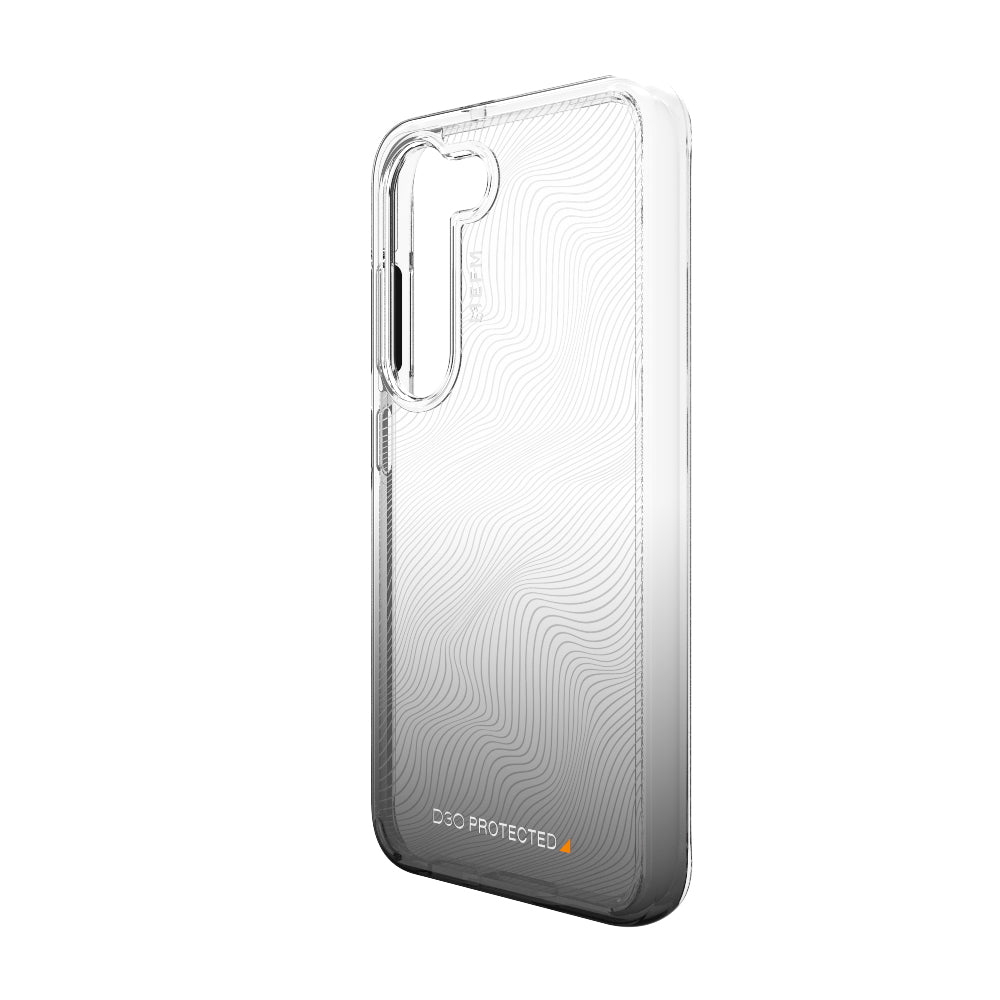 EFM Aspen D3O Crystalex Samsung Galaxy S23 case in Black Gradient, angled rear view, EFCDUAE282BLA