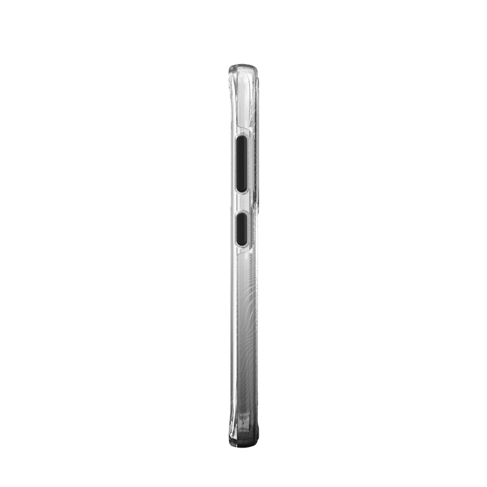 EFM Aspen D3O Crystalex Samsung Galaxy S23 case in Black Gradient, side view showing button covers, EFCDUAE282BLA