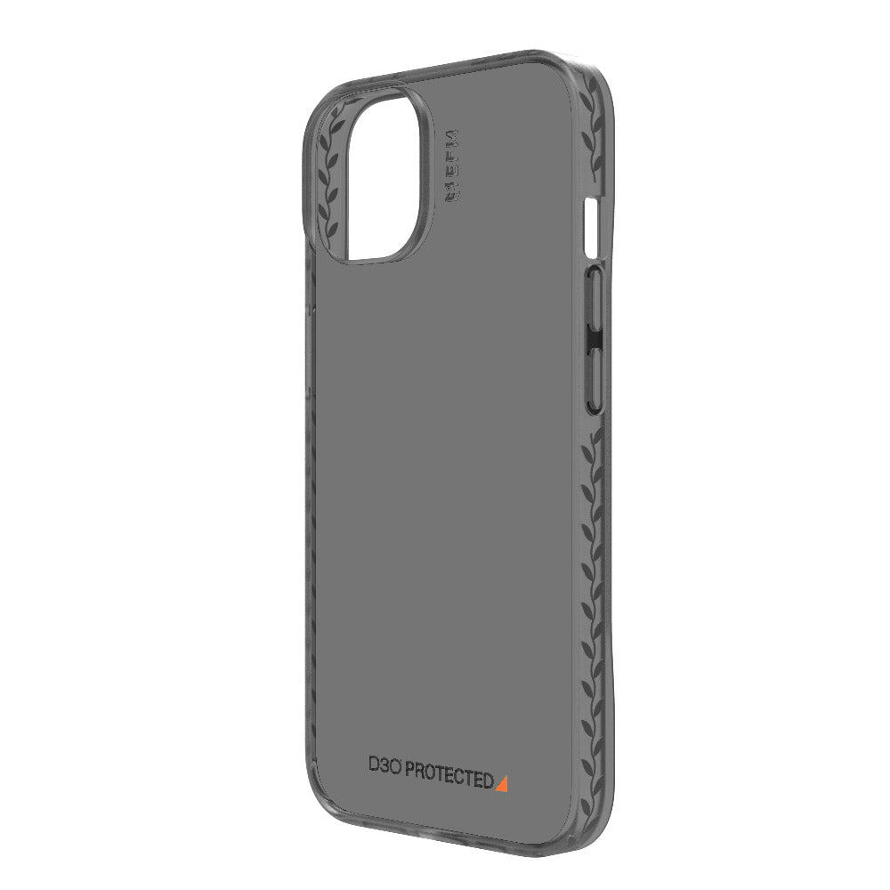 Angled rear view of the EFM Bio+ Smoke Black iPhone 14 Plus case