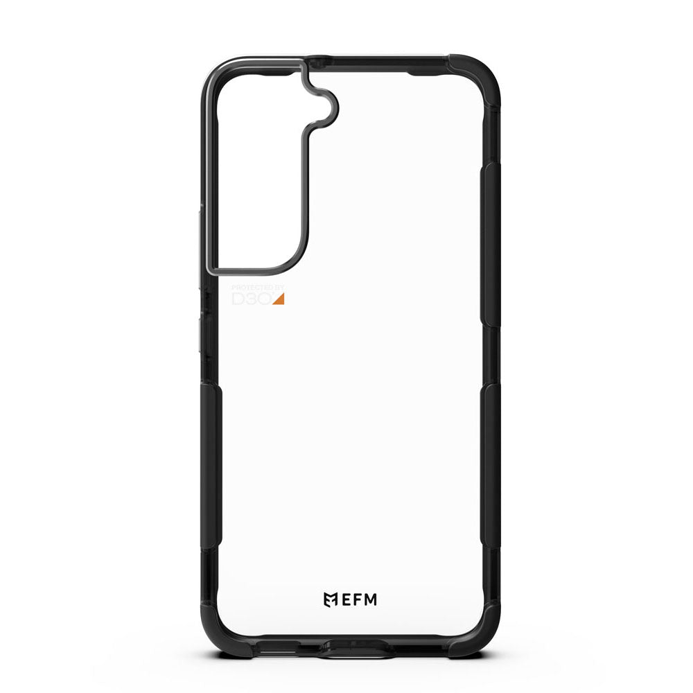Rear view of the EFM Cayman Galaxy S22 Plus case with Carbon bumper and clear back