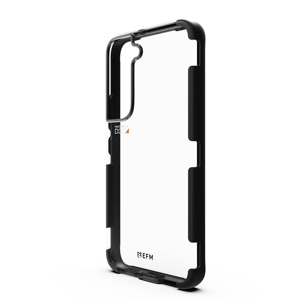 Angled rear view of the EFM Cayman D3O 5G Carbon case for Samsung Galaxy S22 Plus