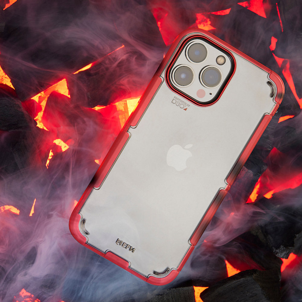 EFM Cayman Thermo Fire iPhone 13 Pro case, rear view on a glowing red background