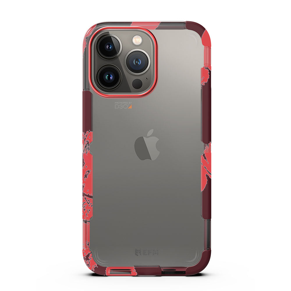 EFM Cayman Thermo Fire case on iPhone 13 Pro, rear view with clear back and red bumper