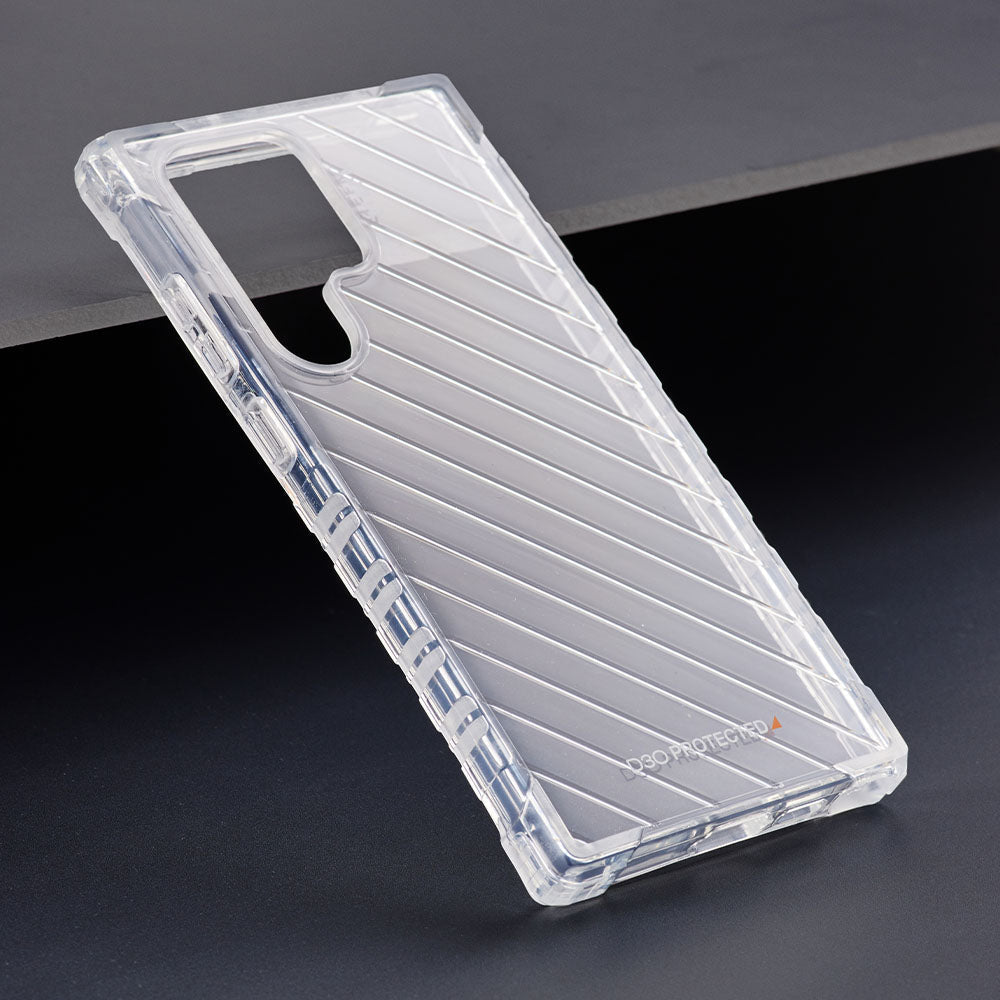 EFM Dakar Galaxy S23 Ultra Crystal Clear case showing the striped backplate and reinforced corners