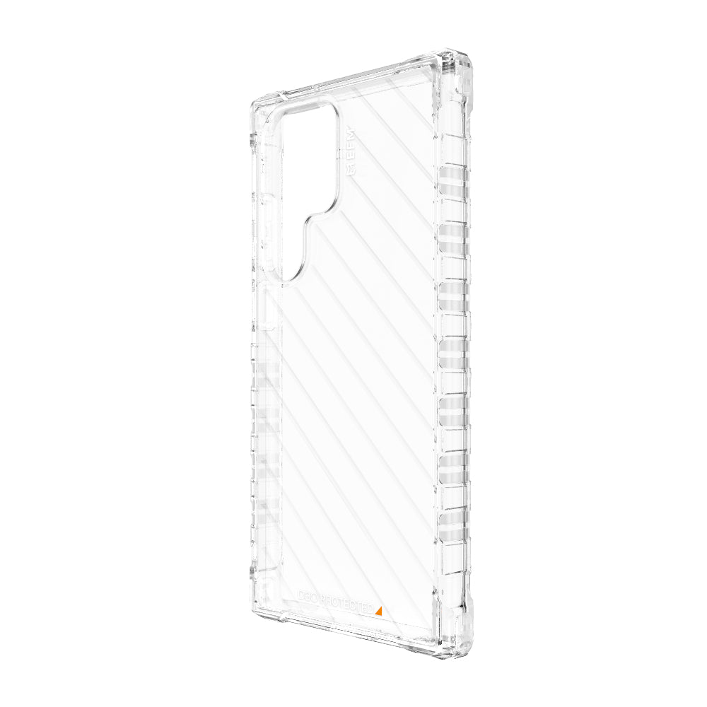 Angled rear view of the EFM Dakar D3O Crystalex Galaxy S23 Ultra clear case