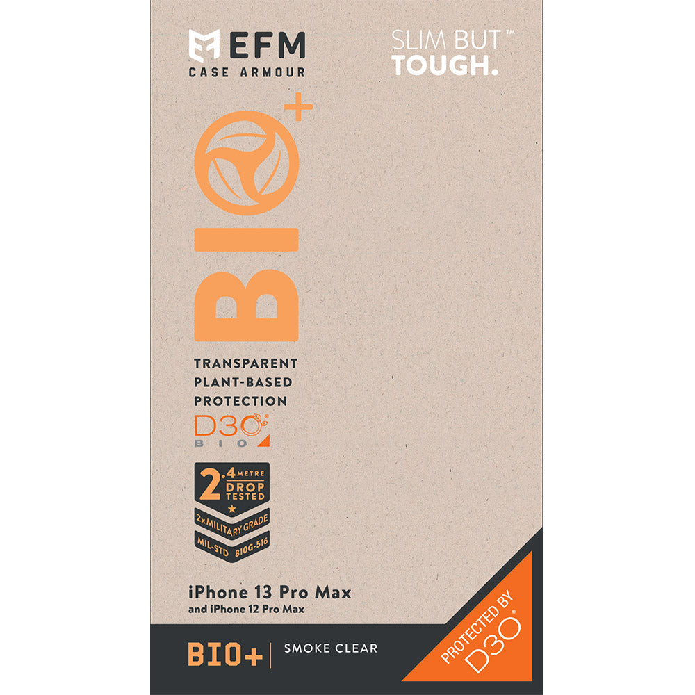 EFM Bio+ D3O case for iPhone 12 Pro Max and iPhone 13 Pro Max in Smoke Clear EFBIOAE193SMC – retail packaging