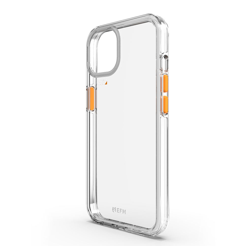EFM Aspen D3O Crystalex case in Clear for iPhone 13 mini and iPhone 12 mini, angled rear view — EFCDUAE191CLE