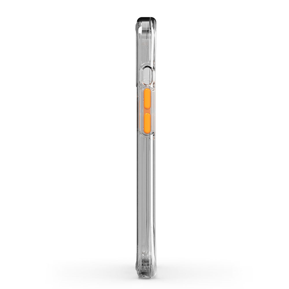 EFM Aspen D3O Crystalex case in Clear for iPhone 13 mini and iPhone 12 mini, side profile with orange buttons — EFCDUAE191CLE