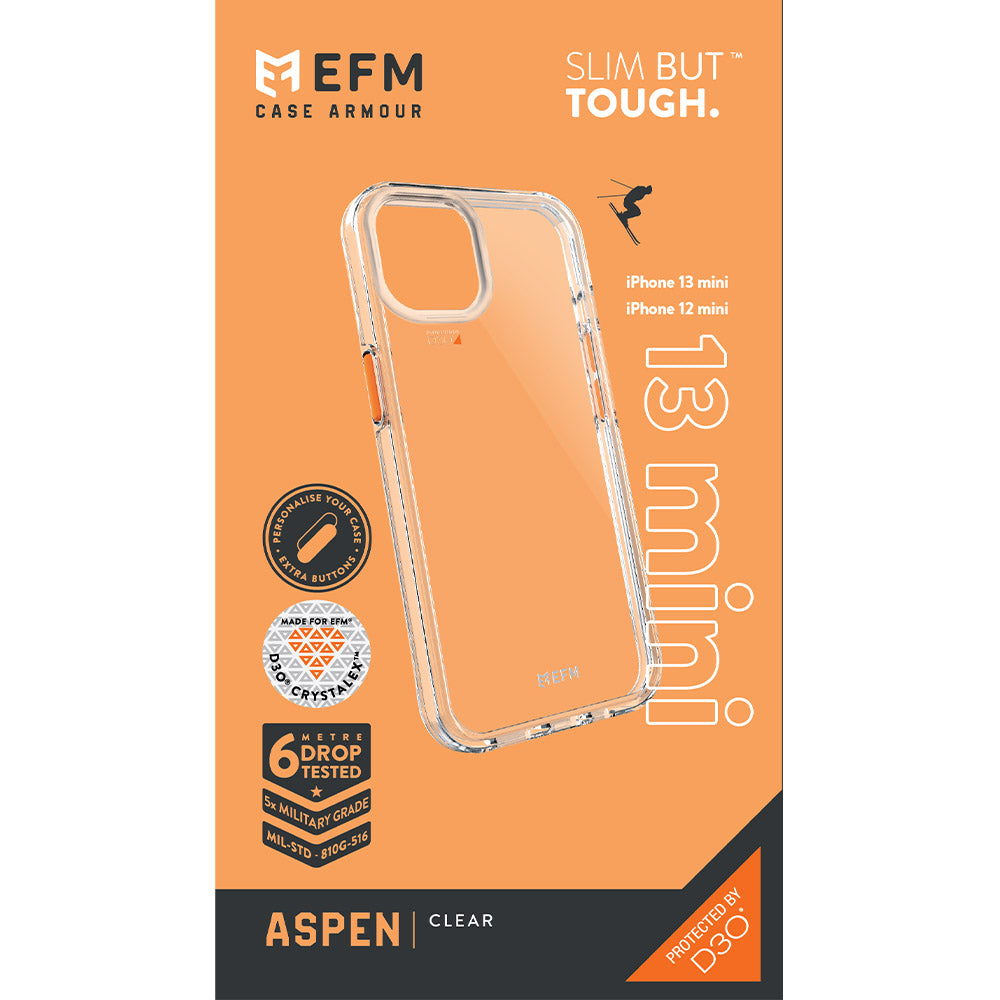 EFM Aspen D3O Crystalex case in Clear for iPhone 13 mini and iPhone 12 mini, retail packaging — EFCDUAE191CLE