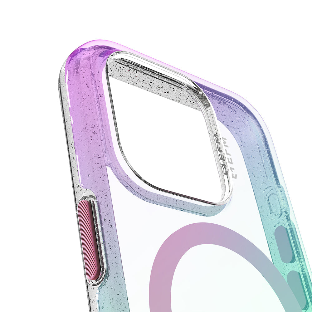 Close-up of the EFM Aspen Glitter Pearl case camera ring and side button for iPhone 15 Pro