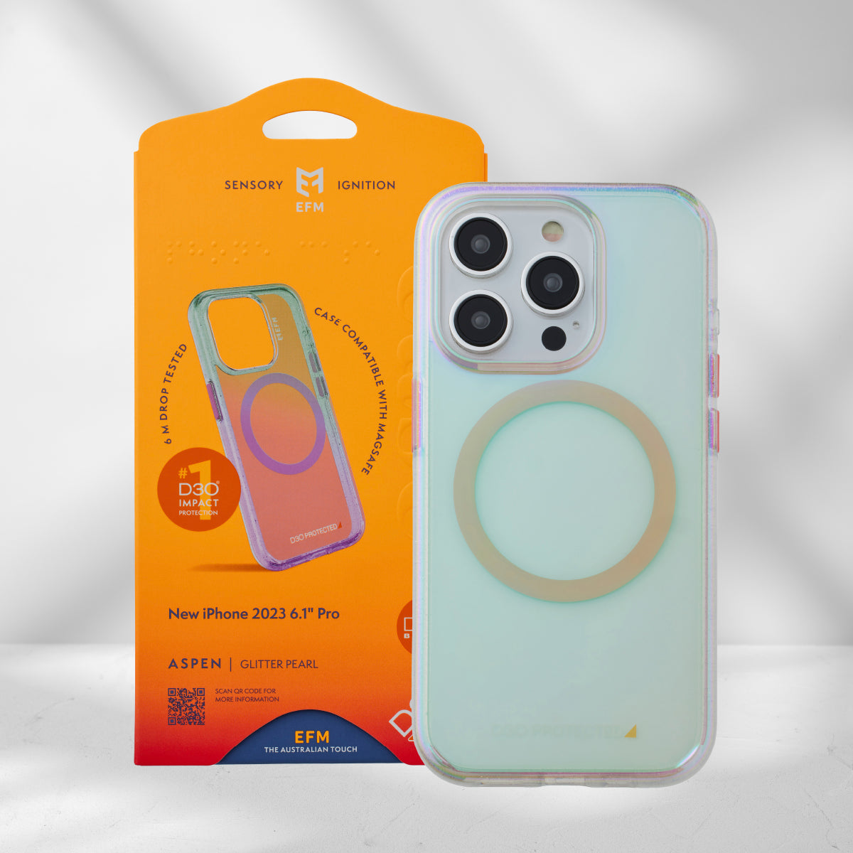 EFM Aspen Glitter Pearl iPhone 15 Pro case with retail packaging labelled 6.1-inch Pro