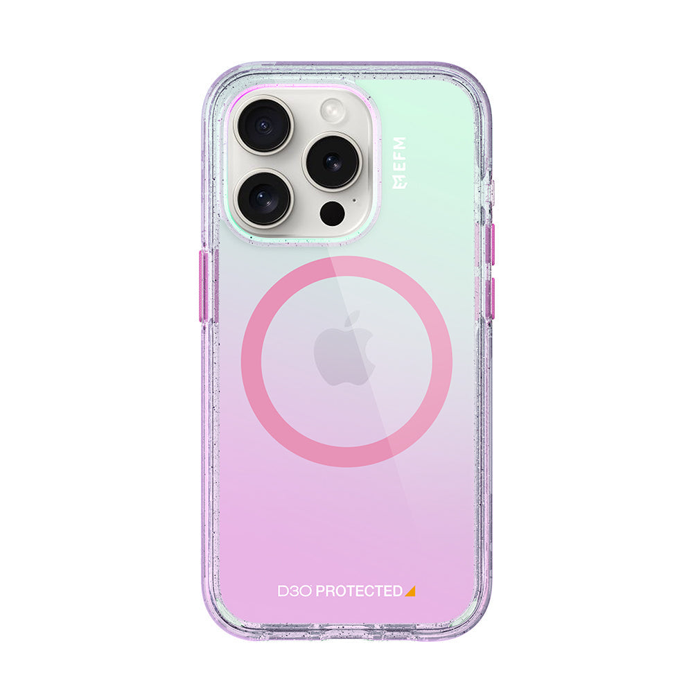 EFM Aspen Glitter Pearl case fitted to iPhone 15 Pro, showing the rear and magnetic ring