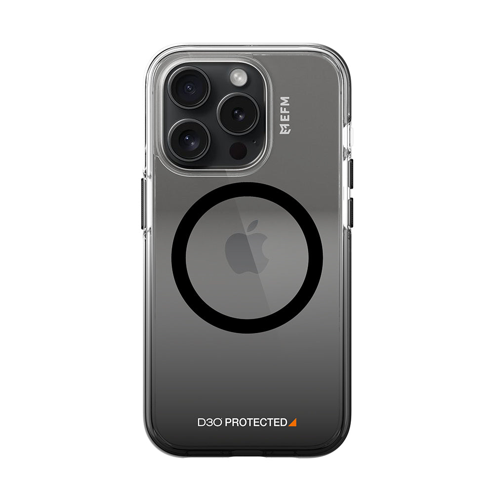 EFM Aspen D3O Bio iPhone 15 Pro Max case in Clear/Black, rear view fitted to iPhone 15 Pro Max — EFCDUAE608BLA