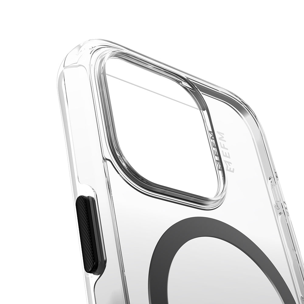 EFM Aspen D3O Bio iPhone 15 Pro Max case in Clear/Black, camera ring and button detail — EFCDUAE608BLA