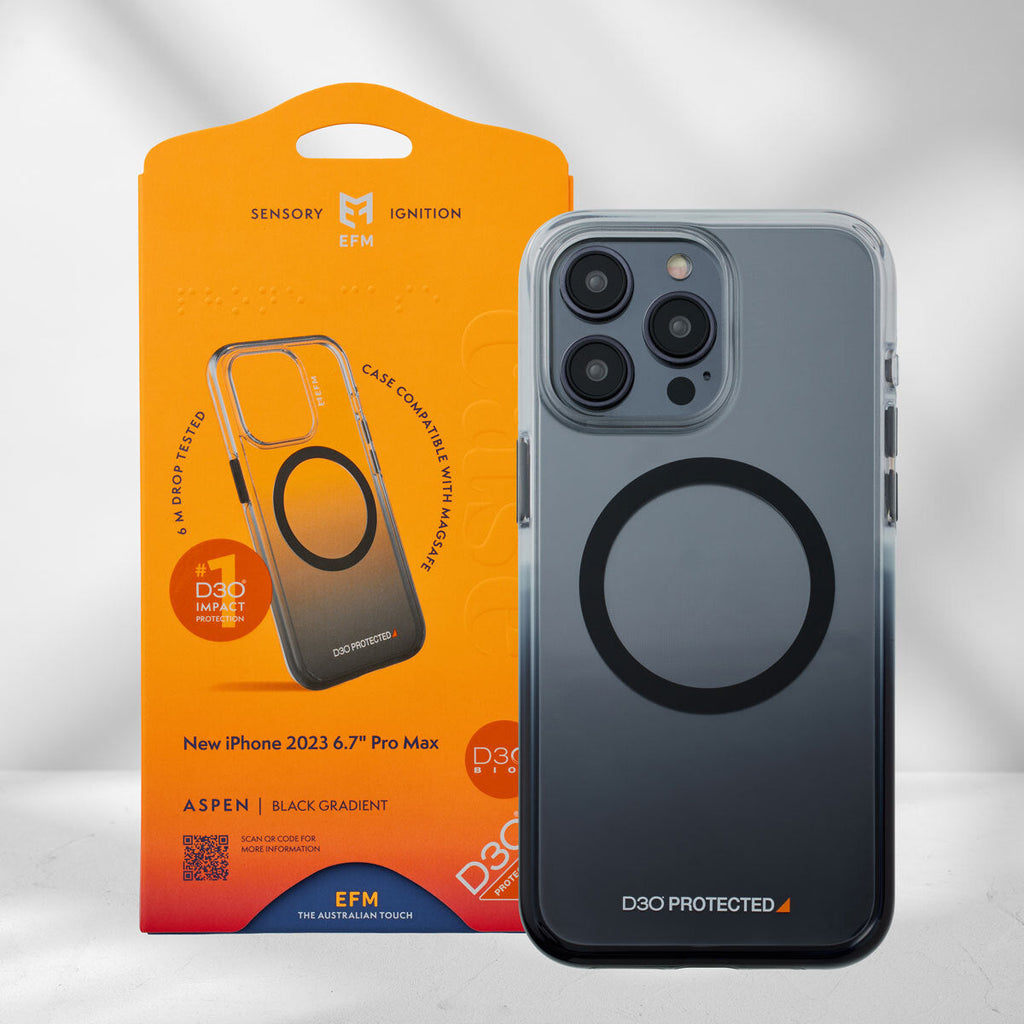EFM Aspen D3O Bio iPhone 15 Pro Max case in Clear/Black, case with retail packaging — EFCDUAE608BLA
