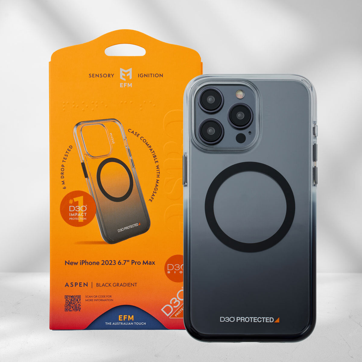 EFM Aspen D3O Bio iPhone 15 Pro Max case in Clear/Black, case with retail packaging — EFCDUAE608BLA