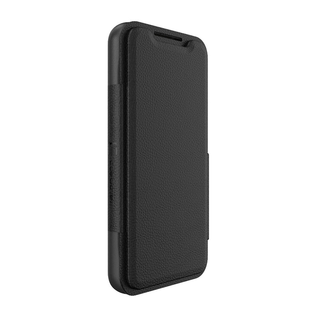 EFM Monaco ELeather D3O wallet case in Black/Space Grey, angled front view with cover closed — EFCFLAE283BLA