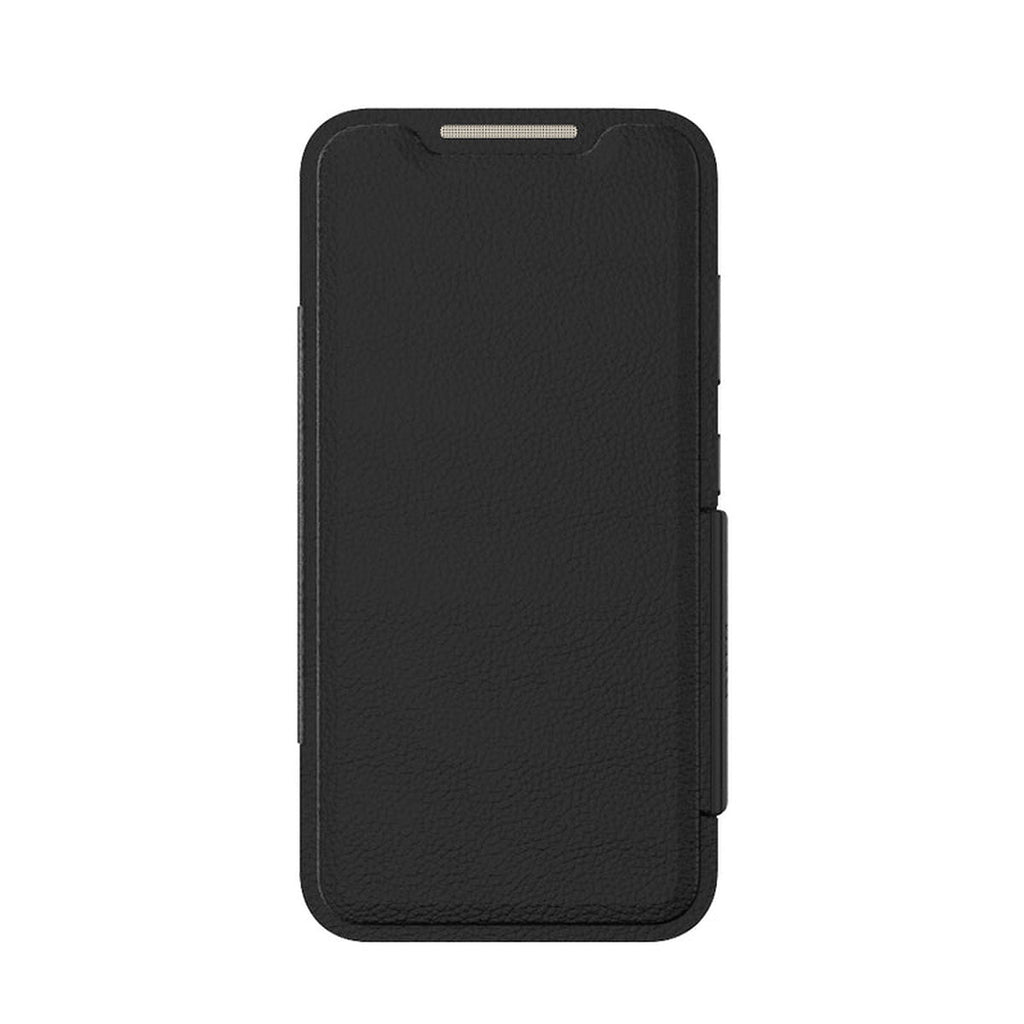 EFM Monaco ELeather D3O wallet case in Black/Space Grey, front view with cover closed — EFCFLAE283BLA
