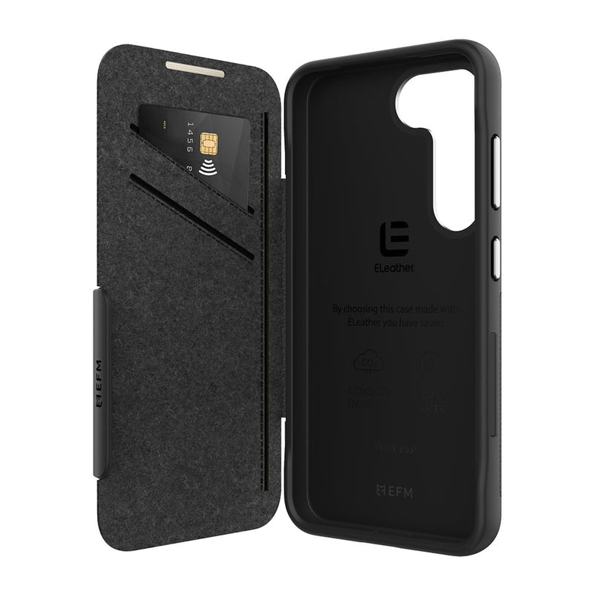 EFM Monaco ELeather D3O wallet case in Black/Space Grey, open interior and recessed card slots — EFCFLAE283BLA