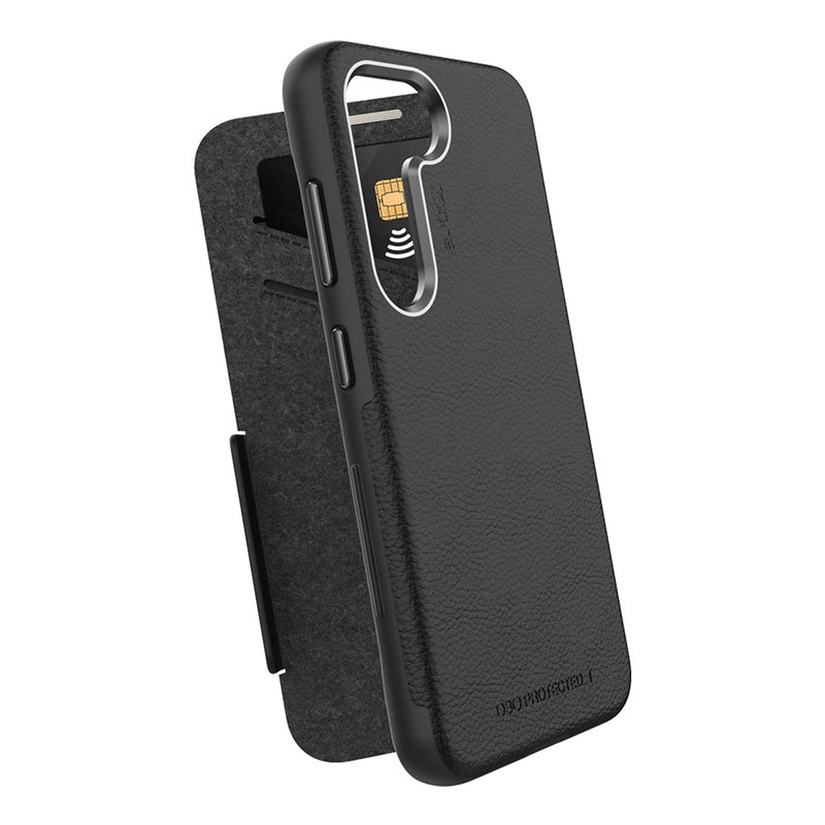 EFM Monaco ELeather D3O wallet case in Black/Space Grey, angled rear view with wallet cover open — EFCFLAE283BLA