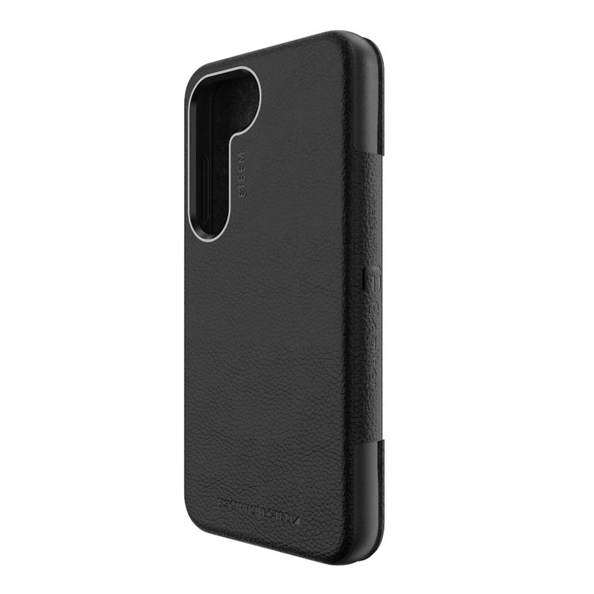 EFM Monaco ELeather D3O wallet case in Black/Space Grey, angled rear view — EFCFLAE283BLA