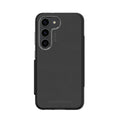 EFM Monaco ELeather D3O wallet case in Black/Space Grey, rear view fitted to a Samsung Galaxy S23+ — EFCFLAE283BLA