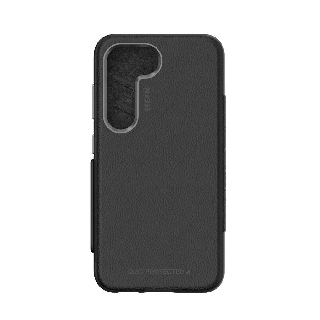 EFM Monaco ELeather D3O wallet case in Black/Space Grey, rear view without a phone — EFCFLAE283BLA