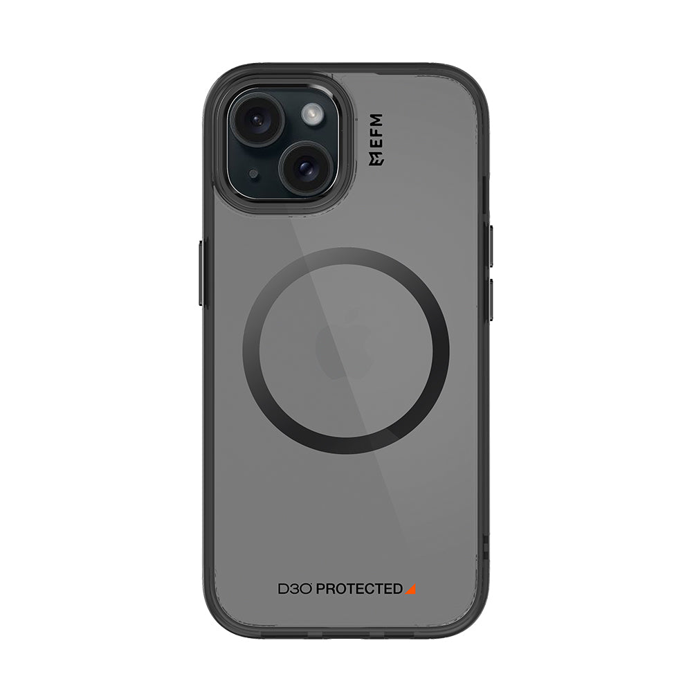 EFM Volta Black MagSafe case fitted to iPhone 15 Plus, rear view