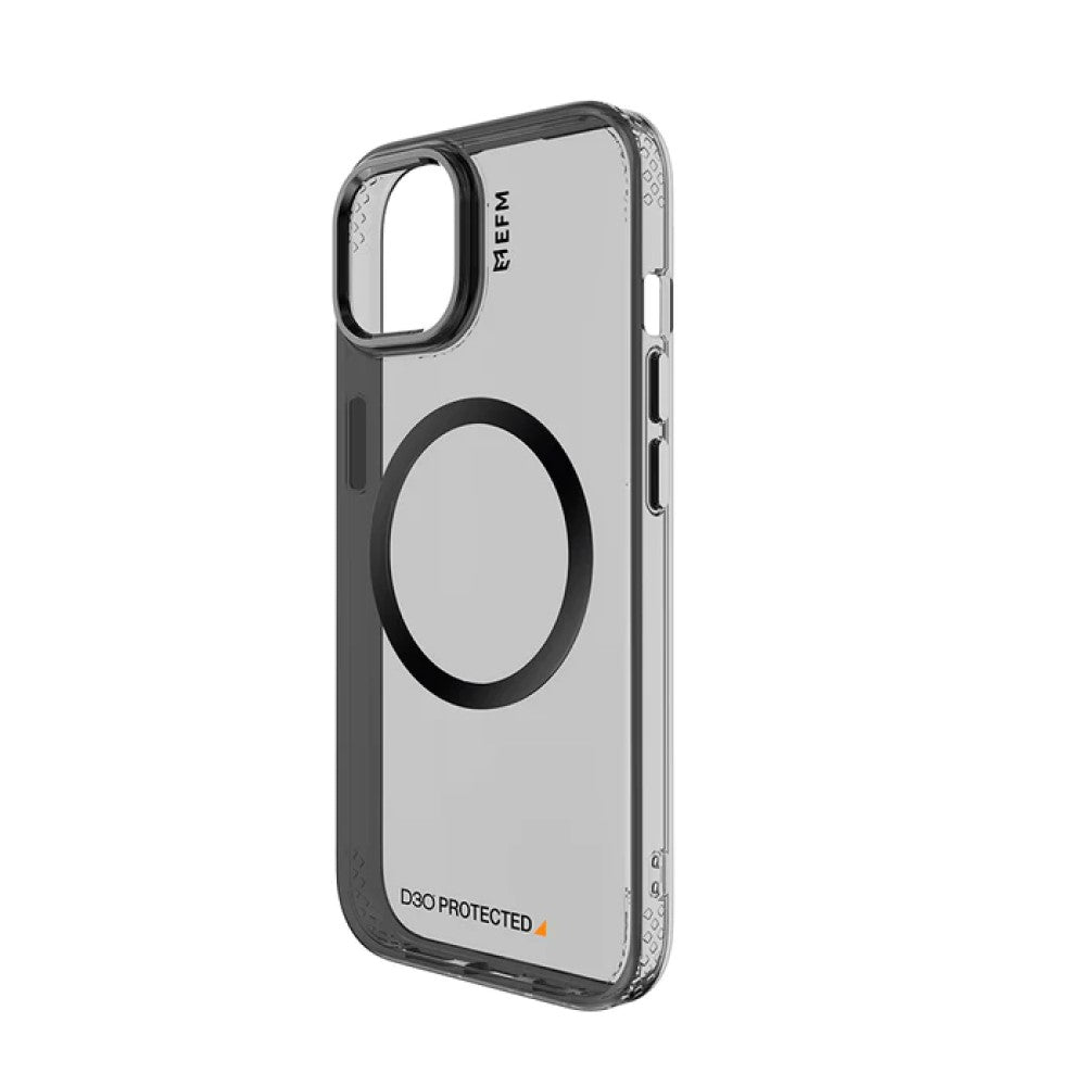 EFM Volta Black iPhone 15 Plus case, angled rear view with metallic side keys