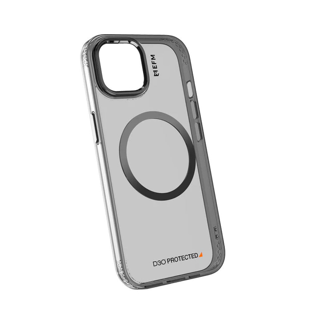 EFM Volta Black iPhone 15 Plus case, angled rear view showing camera bezel