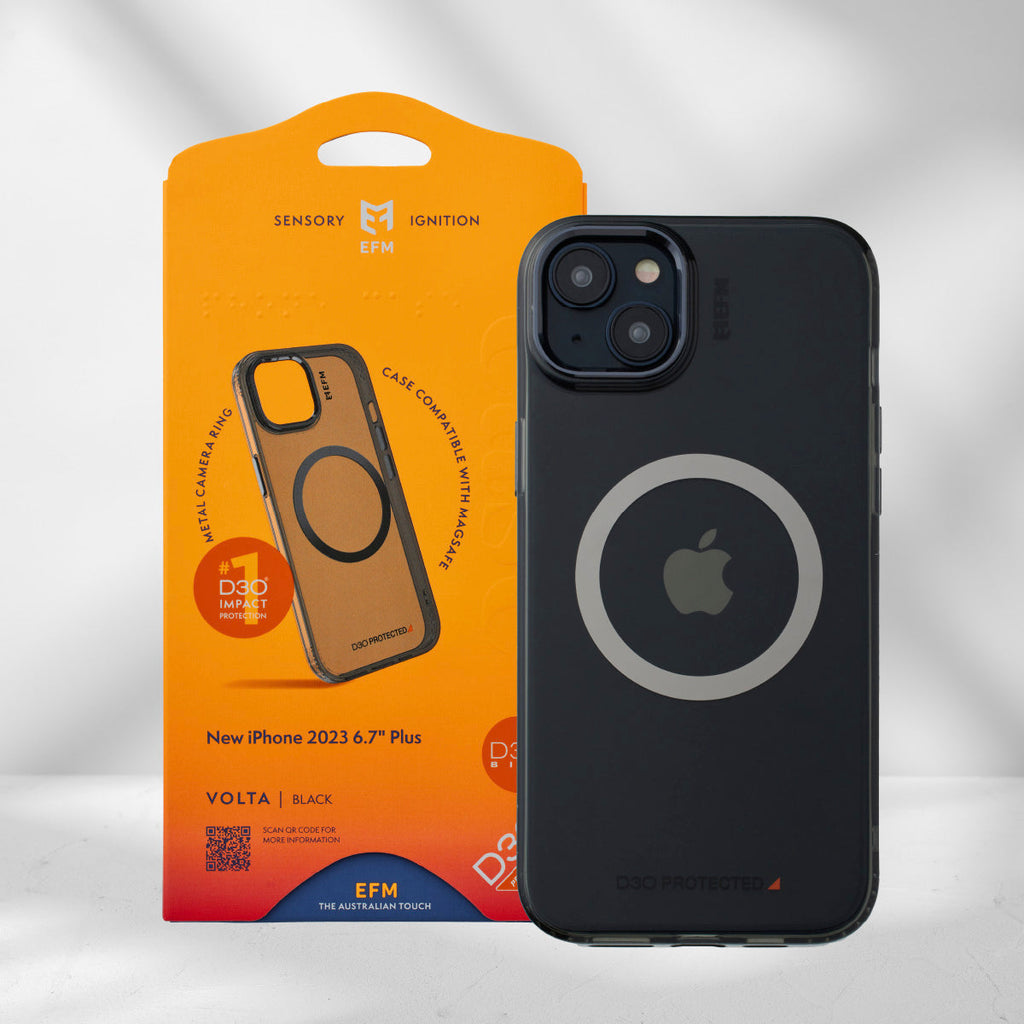 EFM Volta Black iPhone 15 Plus case with its original retail packaging
